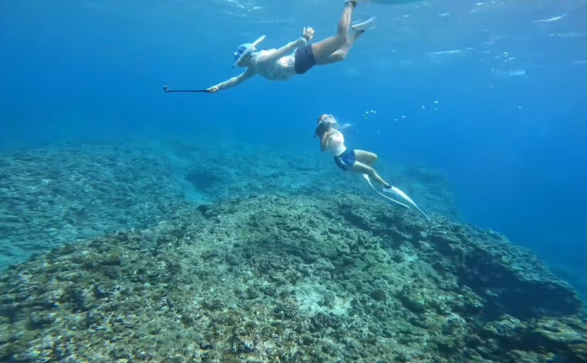 久米島の海でシュノーケリングを楽しむ親子の水中写真